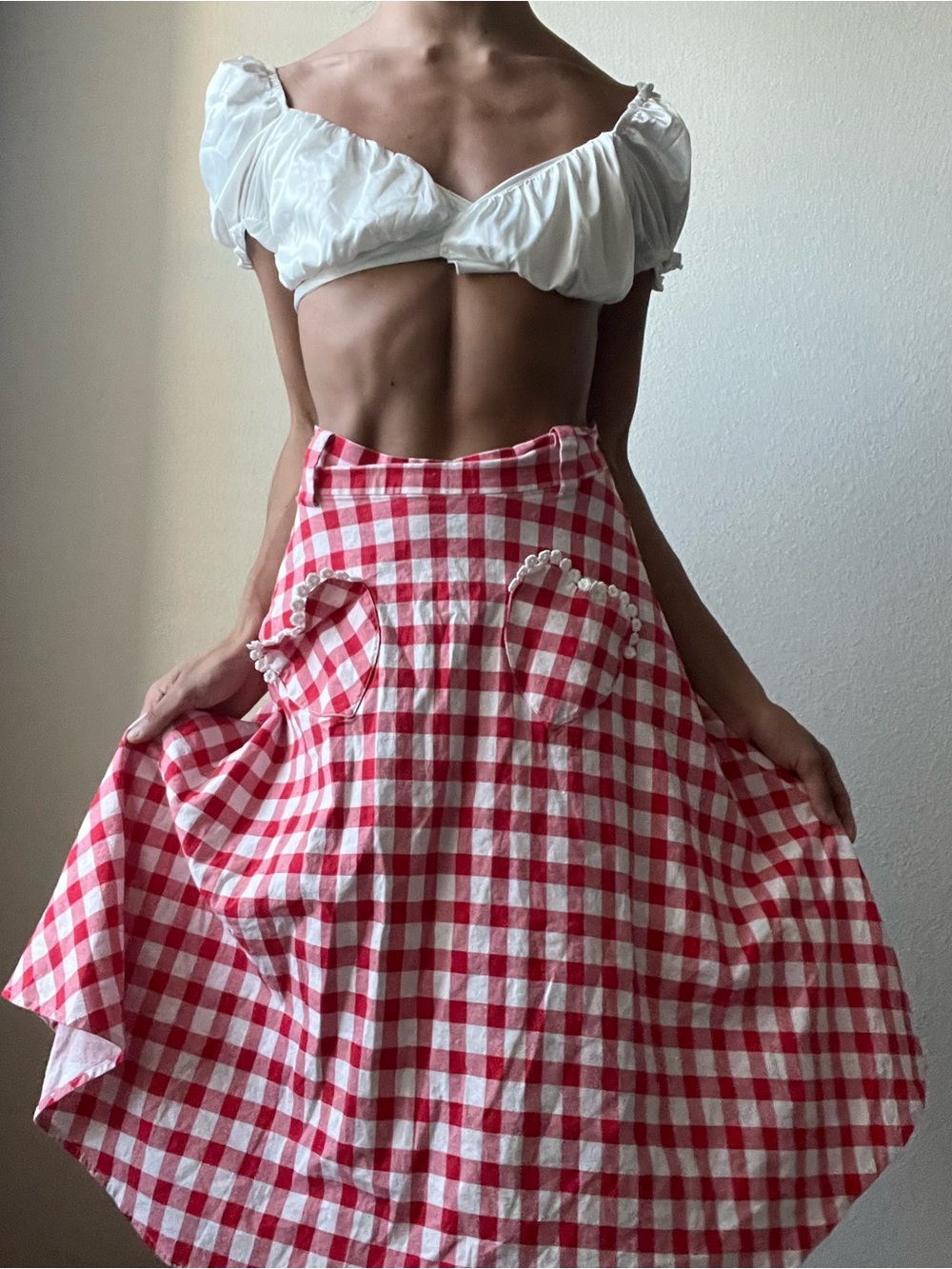 Collectif Red Gingham Circle Skirt with Heart Pockets